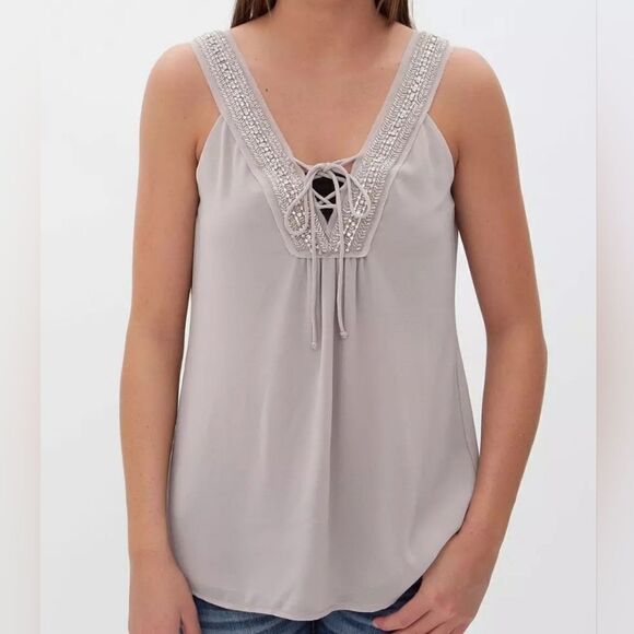 BKE Women's Silvery Grey Embellished Chiffon Lined Lace-up Tank Blouse - Picture 1 of 16